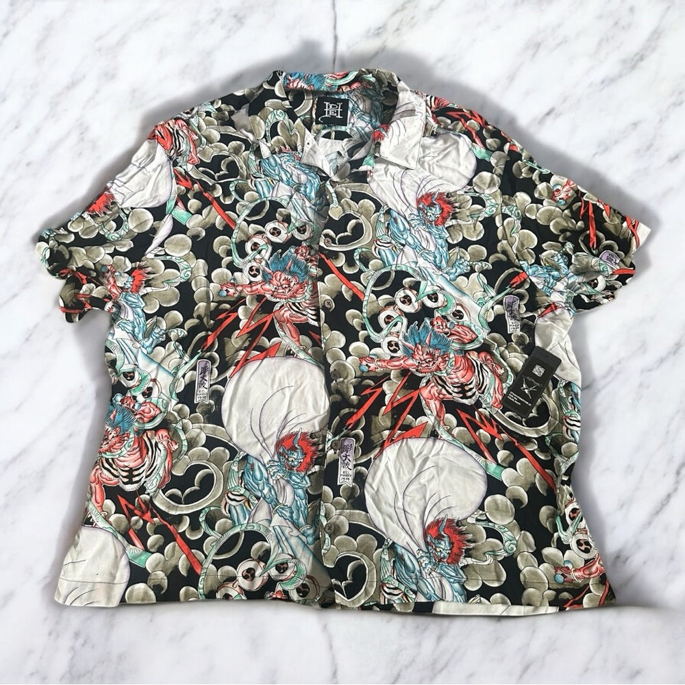 Ed Hardy Mens Button Up Hawaiian Shirt Japanese Tattoo Size XXL
